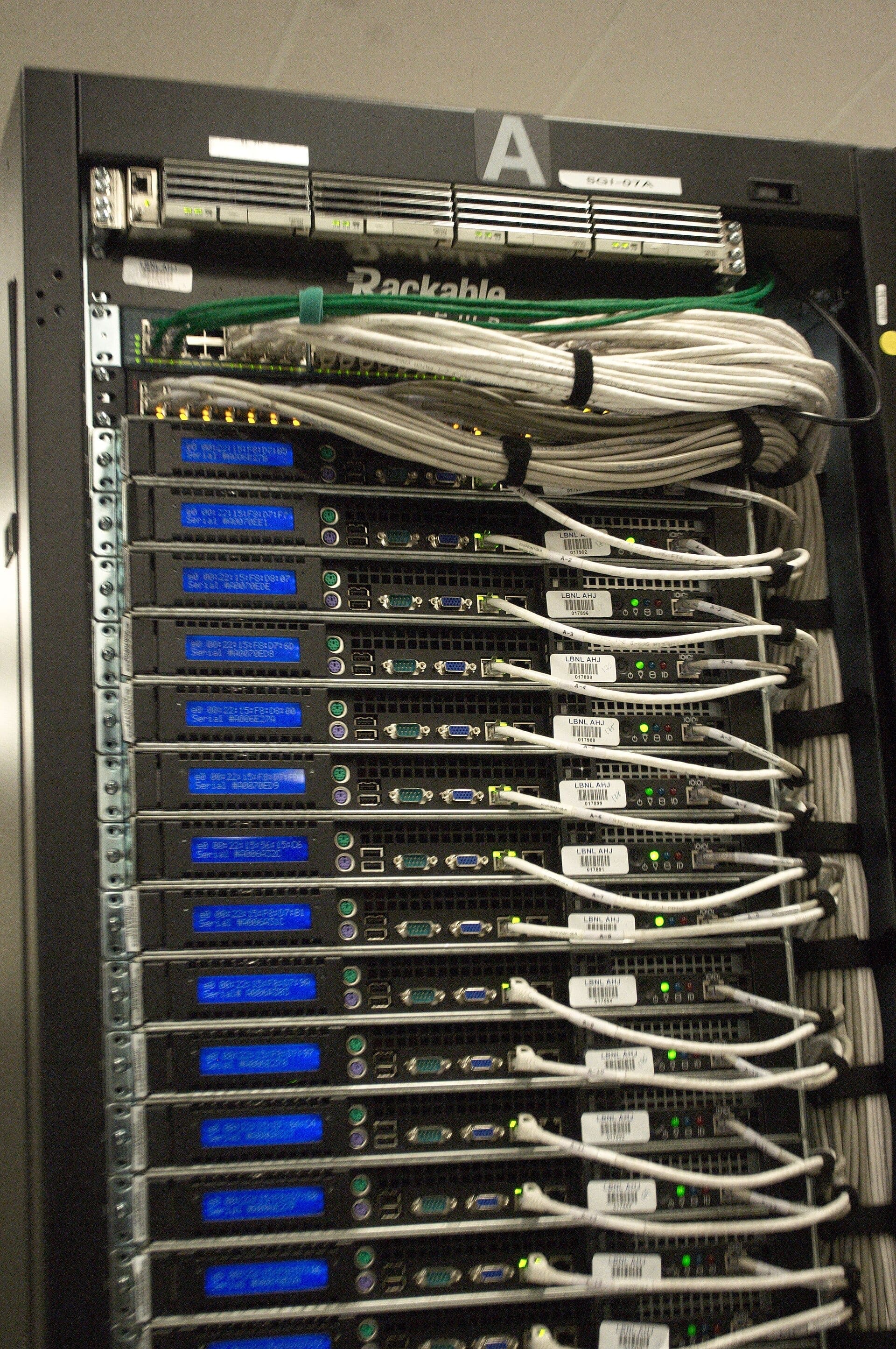 Close-up of network cabling at the rear of a server rack